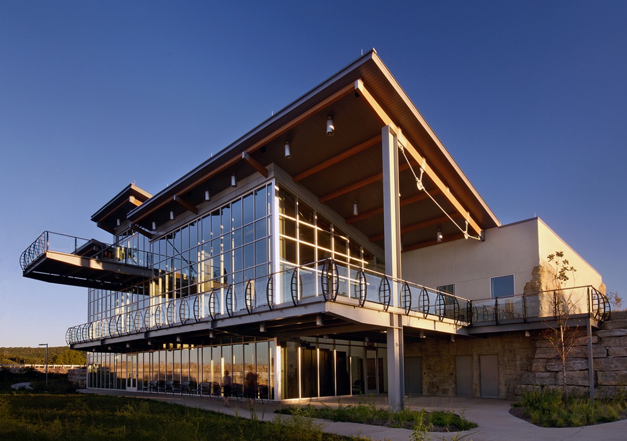 The glass-fronted Dewey Short Visitor Center overlooking Table Rock Lake.