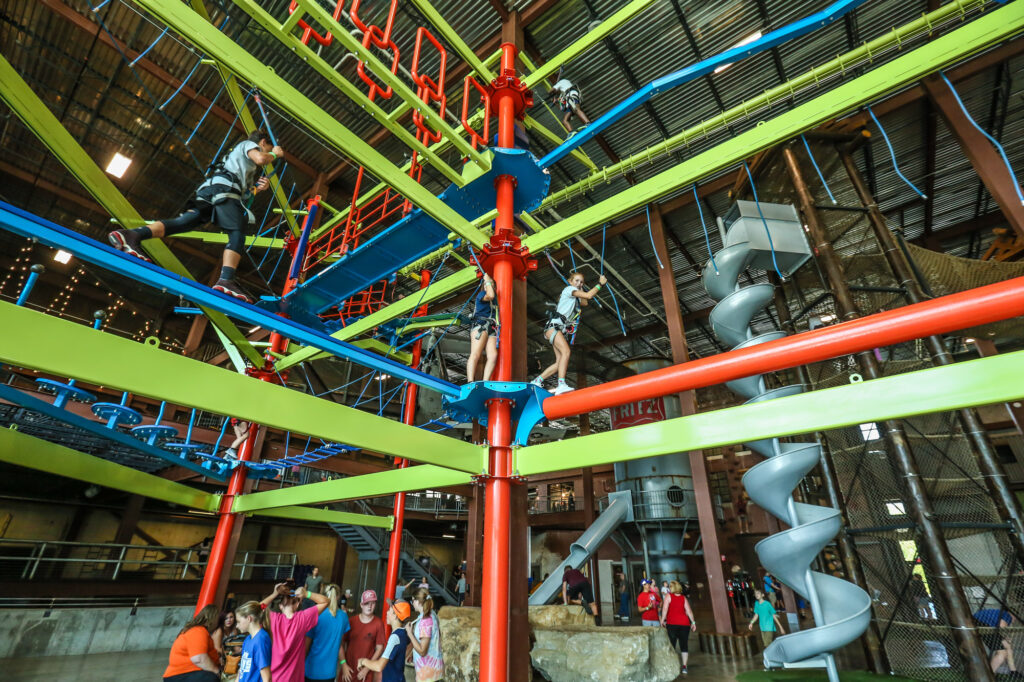 Guests navigating the multilevel ropes course inside Fritz’s Adventure in Branson.