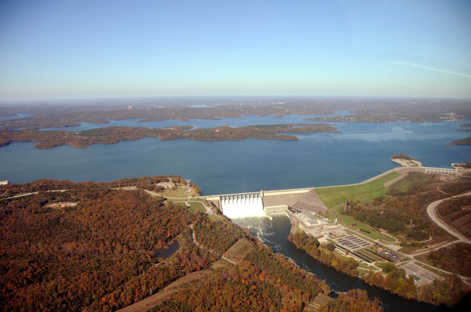 Aerial view of Table Rock Lake, Table Rock Dam, and Lake Taneycomo.